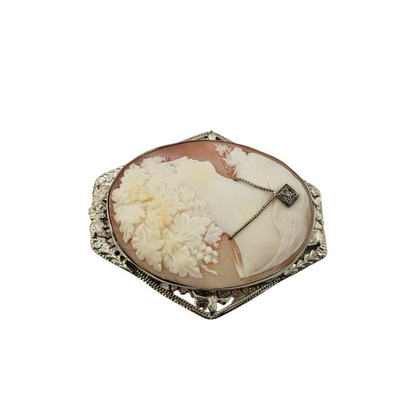 Vintage 14 Karat White Gold and Diamond Cameo Brooch/Pendant #10632 - Picture 3 of 7